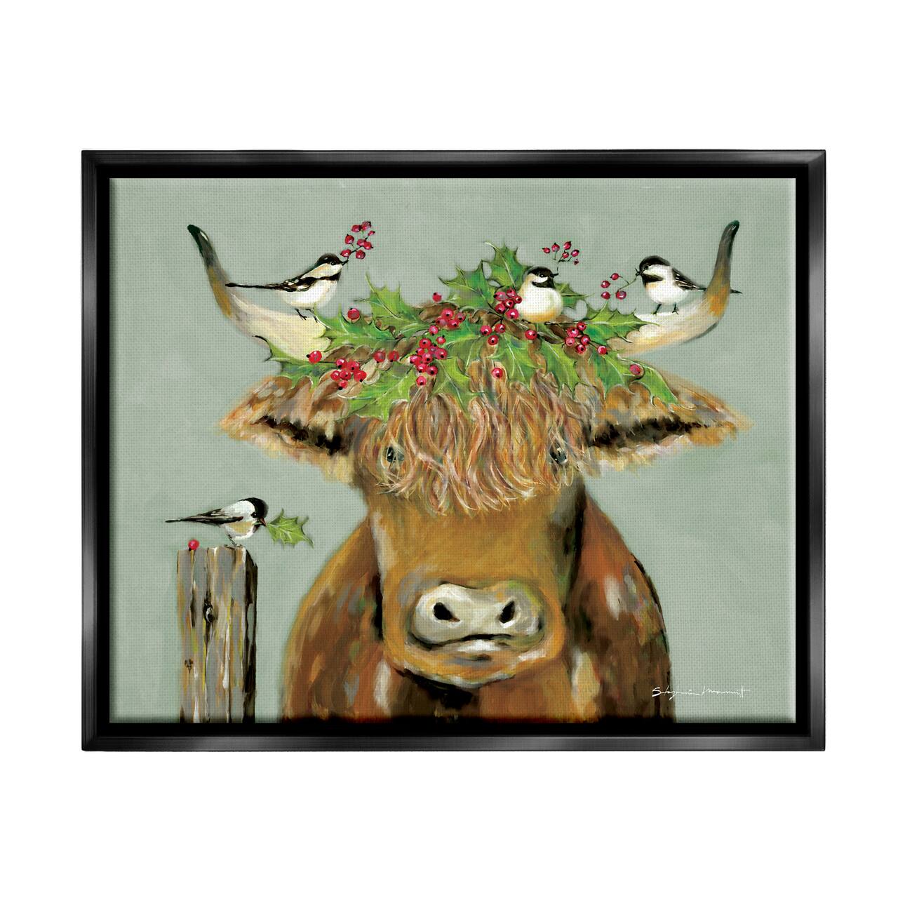 Stupell Industries Cattle & Birds Holiday Holly Framed Floater Canvas Wall Art